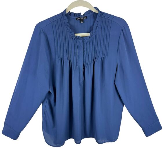J. Crew Mercantile Blue Long Sleeve Crew Neck Pleated Ruffled Blouse Size 16 - Picture 1 of 5